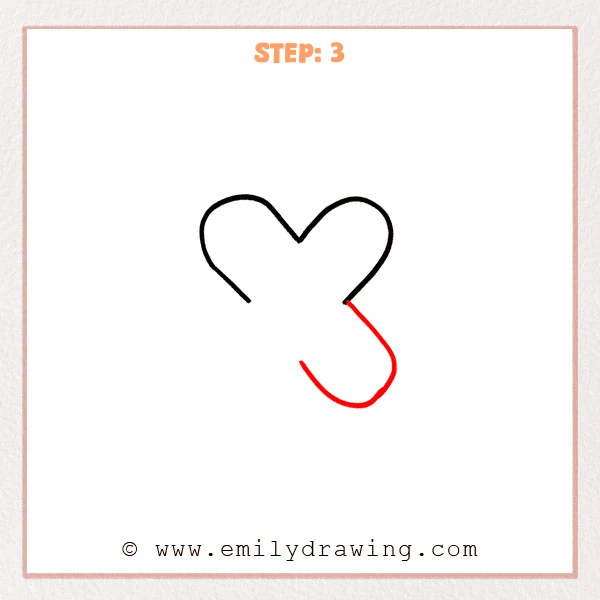 how to draw a bubble letter x - Step 3 of a bubble letter X drawing adds a thick curved stroke extending down from the right side, rounding at the bottom and curving back inward as the sketch grows.